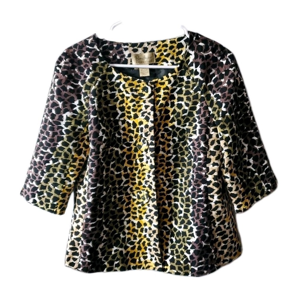 Boutique Essentials Cropped Jacket Animal‎ Print Sz 8 Wide Sleeve Lined Cotton